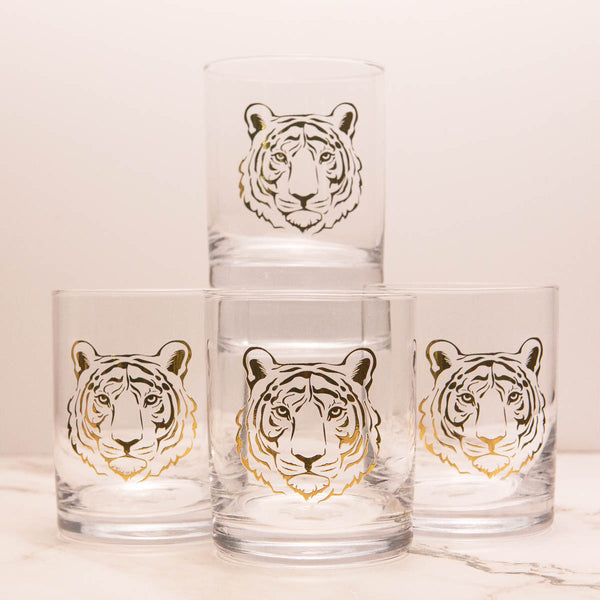 Embossed Gold Tiger Drinking Glass