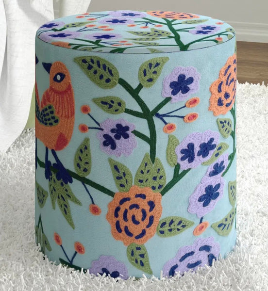 Embroidered Multi-colored velvet ottoman  ** LOCAL PICK UP ONLY **