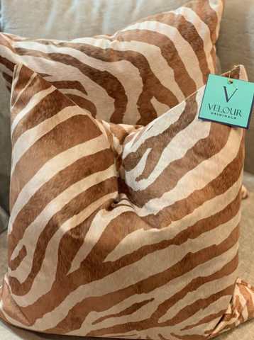 Set of 2 Pillows: 22" Namib Brown Zebra Velvet Pillows, Velour Originals