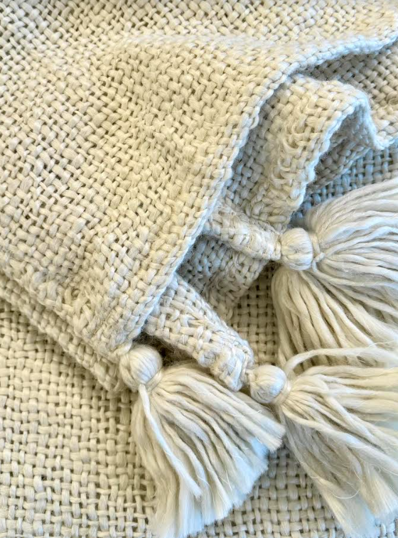 Handwoven Cream Throw Blanket with Tassels