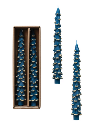 Blue Tree Shaped Taper Candles w/ Gold Tips, Set of 2