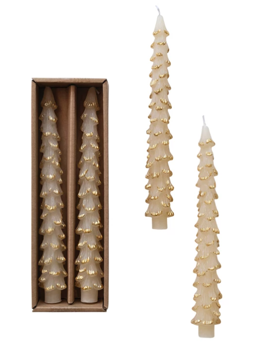 Cream Tree Shaped Taper Candles w/ Gold Tips, Set of 2
