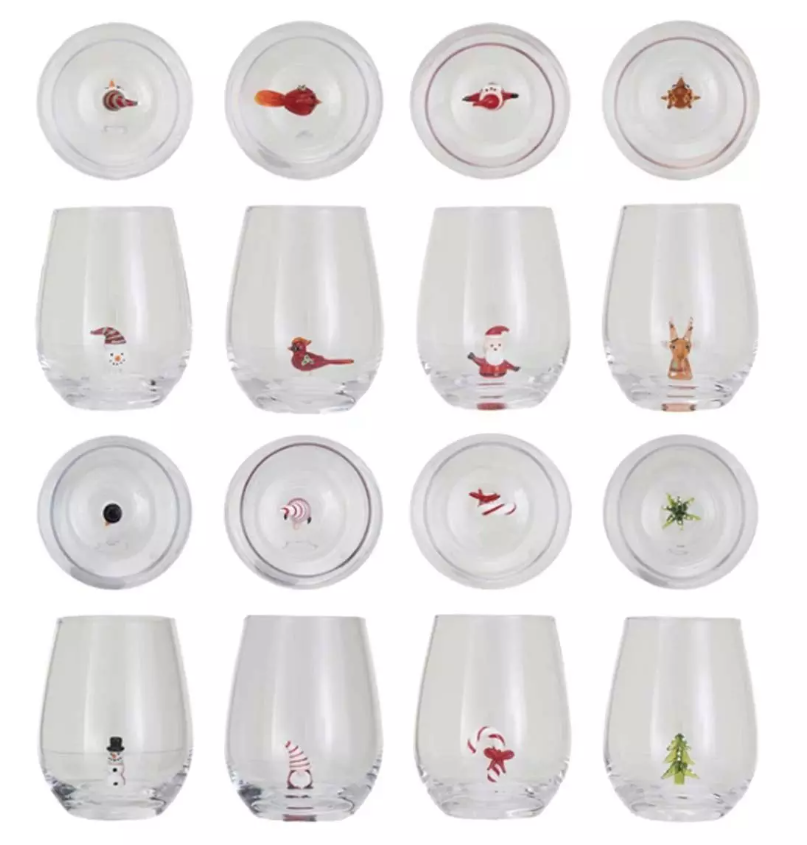 Stemless Wine Glass w/ Holiday Figure Inside, 8 Styles