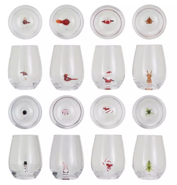 Stemless Wine Glass w/ Holiday Figure Inside, 8 Styles