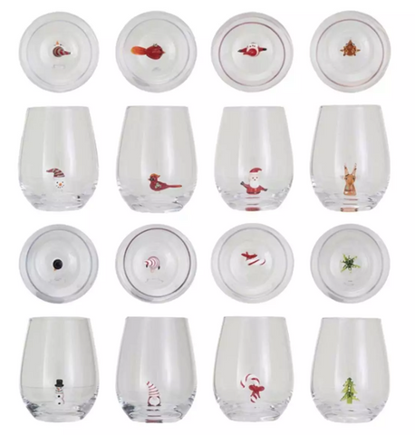 Stemless Wine Glass w/ Holiday Figure Inside, 8 Styles
