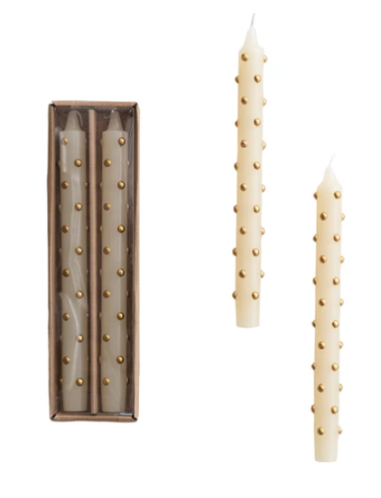 Cream Taper Candles with 3D Dots, Set of 2