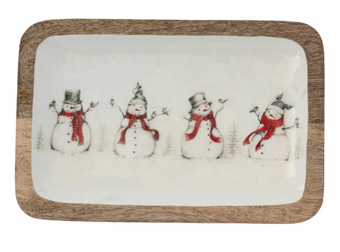 Enameled Mango Wood Tray with Snowmen & Birds Image