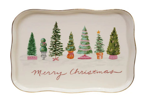 Merry Christmas Scalloped Platter with Trees & Gold Edges