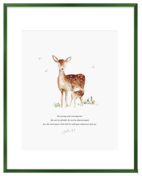 Joshua 1:9 Mama + Baby Deer Scripture Framed Art Print, Artist Emily Lex