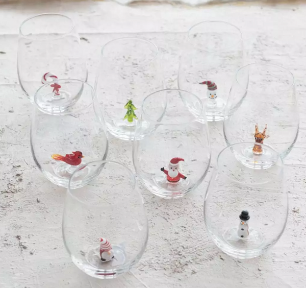 Stemless Wine Glass w/ Holiday Figure Inside, 8 Styles