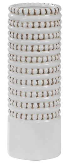 14" White and Taupe Ribbed Vase