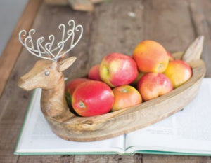 Wooden Deer Bowl with Metal Antlers